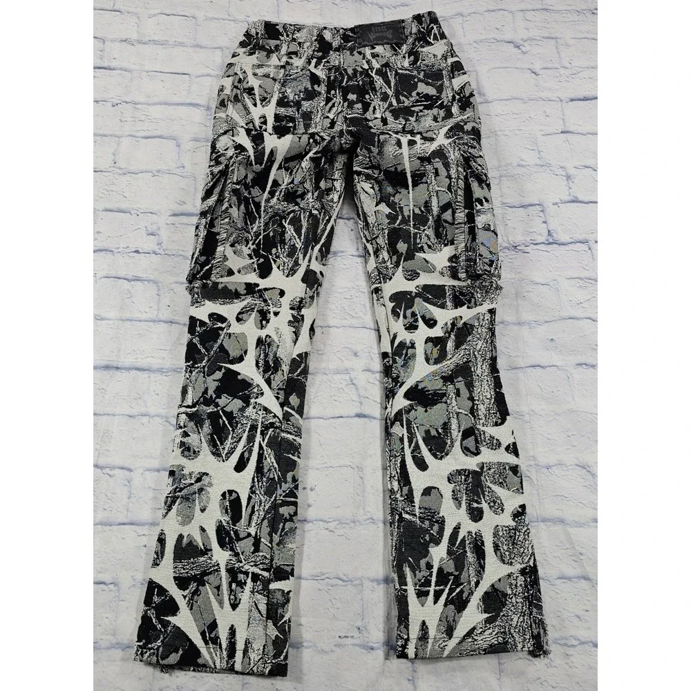 Rebel Vengeance Tapestry Cargo Pants Mens 28 Black White Tree Print Frayed Hem